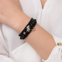 Gold & Black Diamond Stacked Baguette & Bezel Rondelle on Onyx
