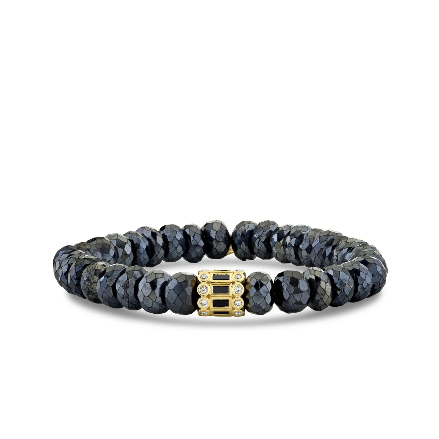 Gold & Diamond Baguette & Round Bezel Rondelle On Mystic Black Spinel