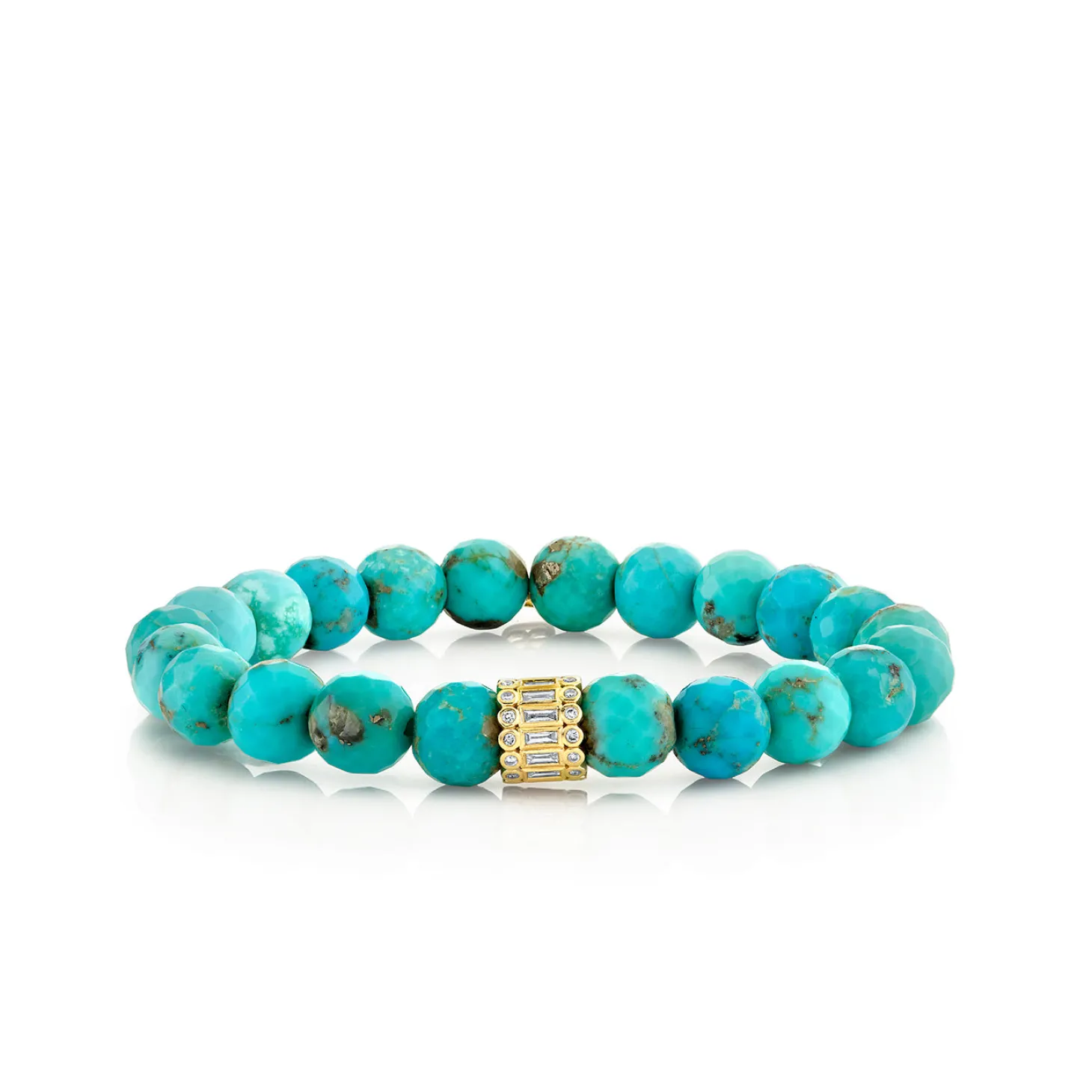Gold & Diamond Baguette and Round Bezel Stacked Rondelle on Matrix Turquoise