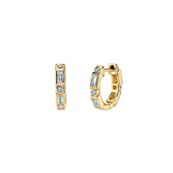 Gold & Diamond Baguette and Round Bezel Huggie Hoops
