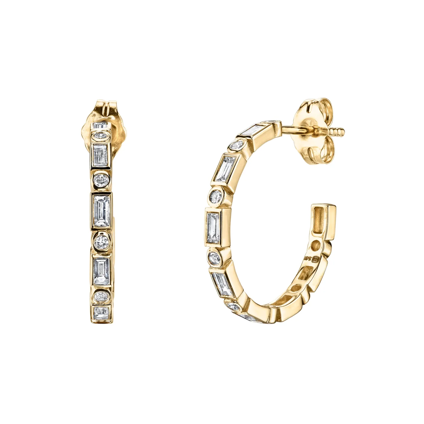 Gold & Diamond Baguette and Round Bezel Medium Hoops