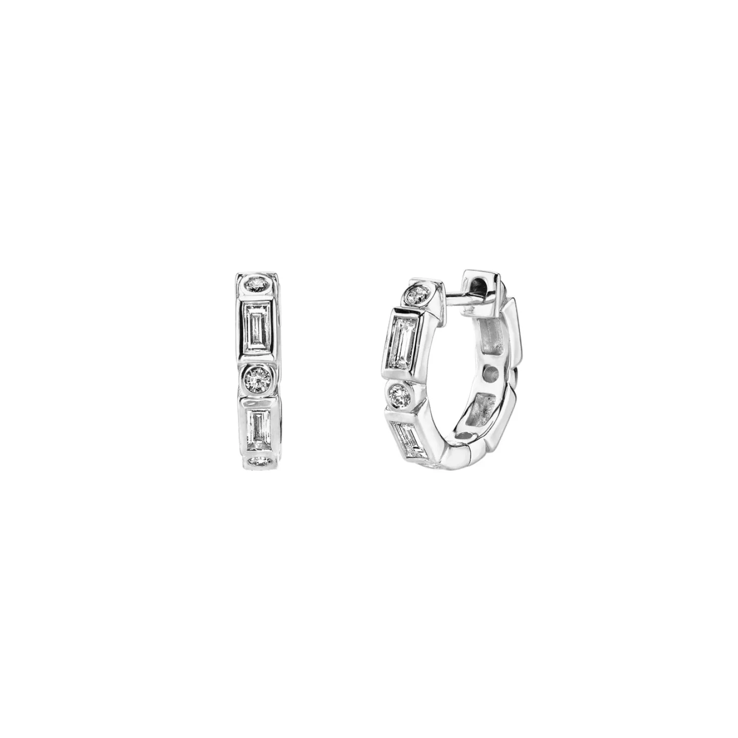 Gold & Diamond Baguette and Round Bezel Huggie Hoops