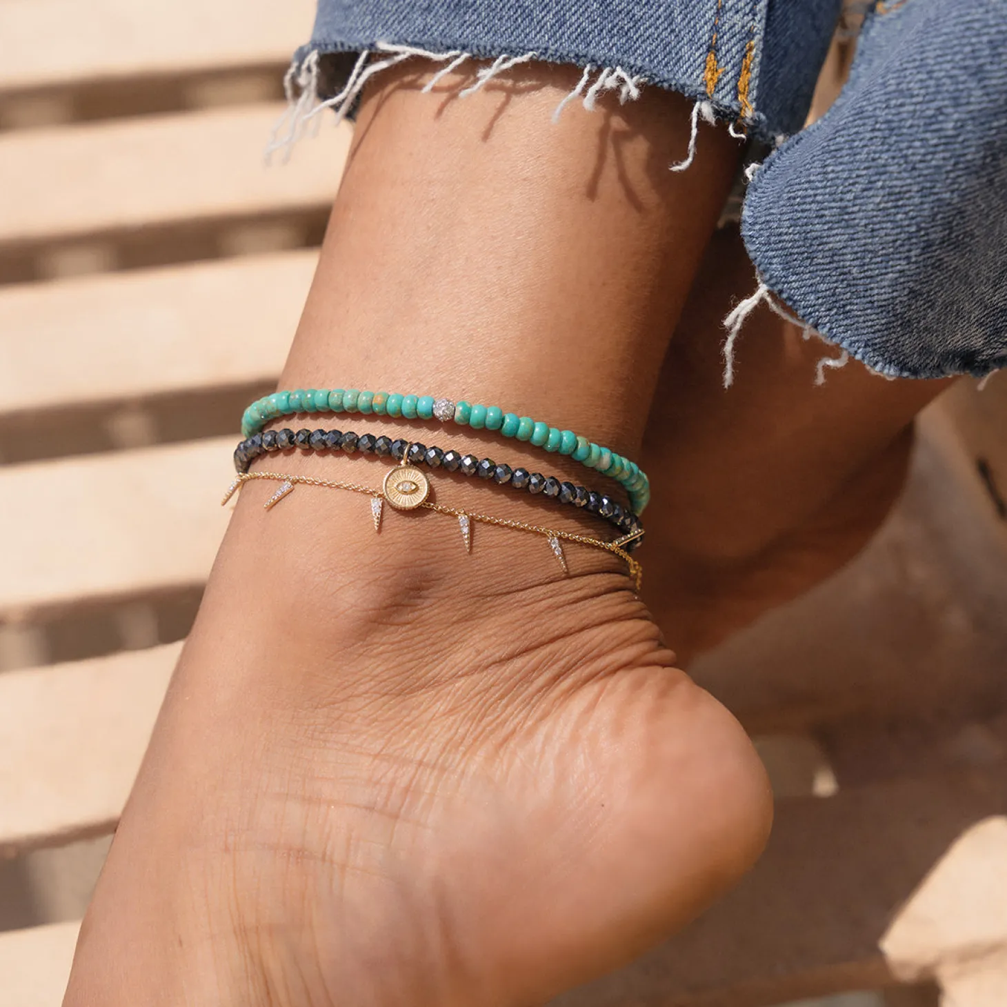 Gold & Diamond Ball on Natural Turquoise Anklet