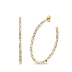 Gold & Diamond Bezel & Baguette Large Hoops