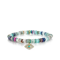 Gold & Diamond Bezel Eye with Turquoise on Rainbow Heishi