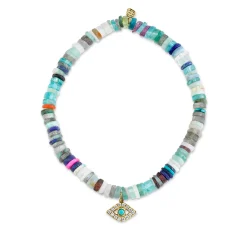 Gold & Diamond Bezel Eye with Turquoise on Rainbow Heishi