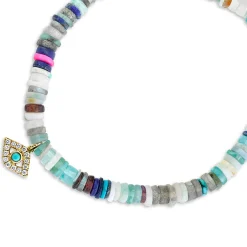Gold & Diamond Bezel Eye with Turquoise on Rainbow Heishi