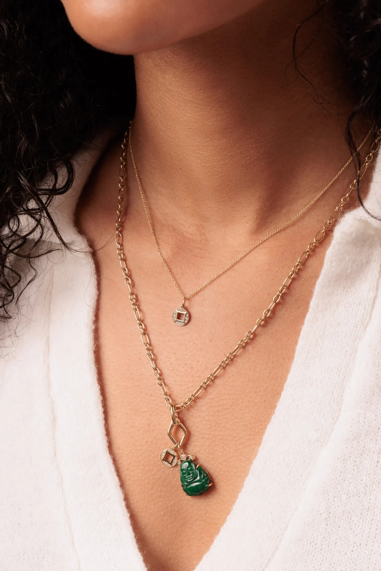 Gold & Diamond Carved Malachite Buddha and Lucky Coin Charm Necklace