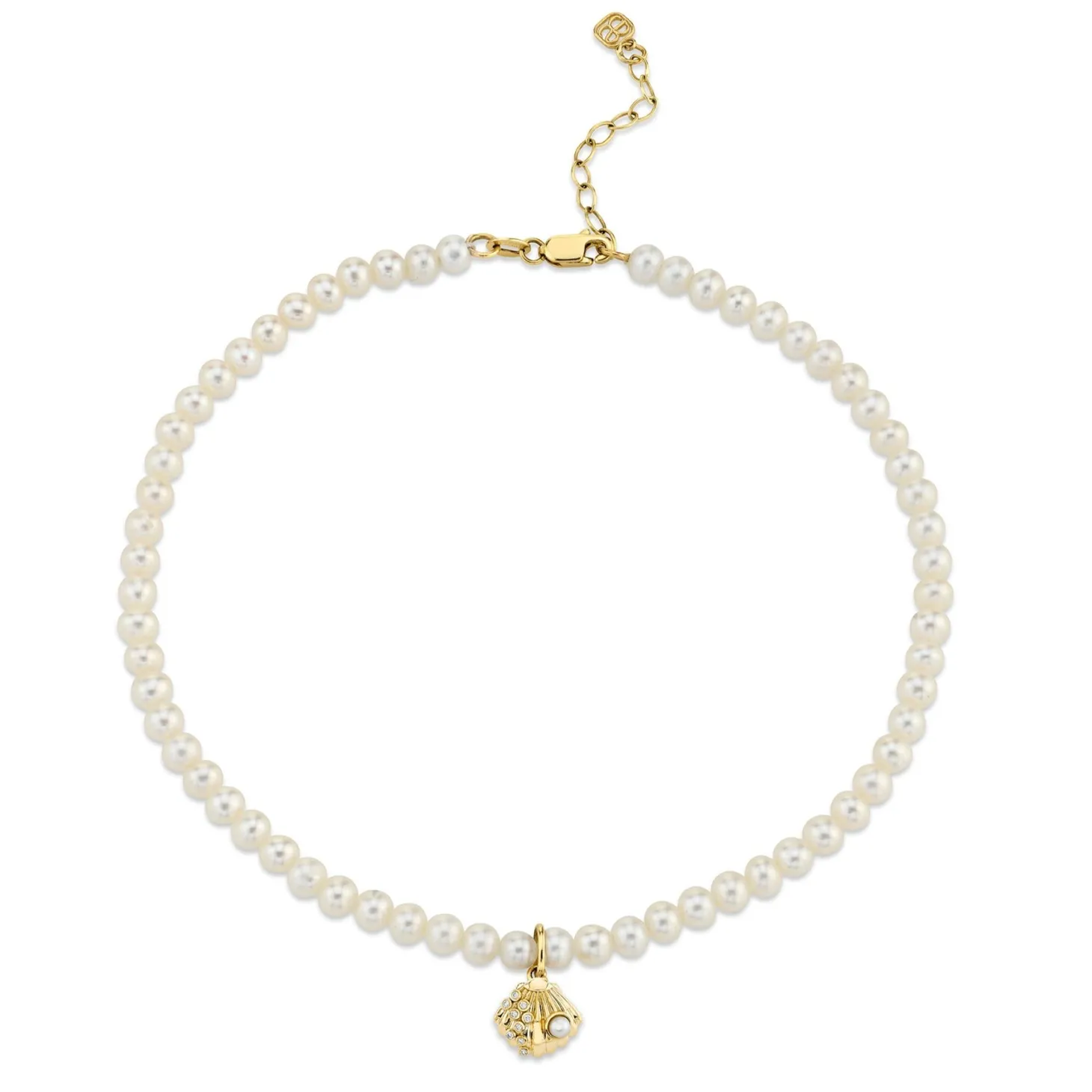 Gold & Diamond Clam Shell Anklet on Fresh Water Pearls