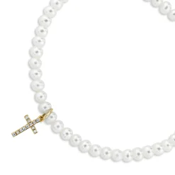 Gold & Diamond Cross on Pearls