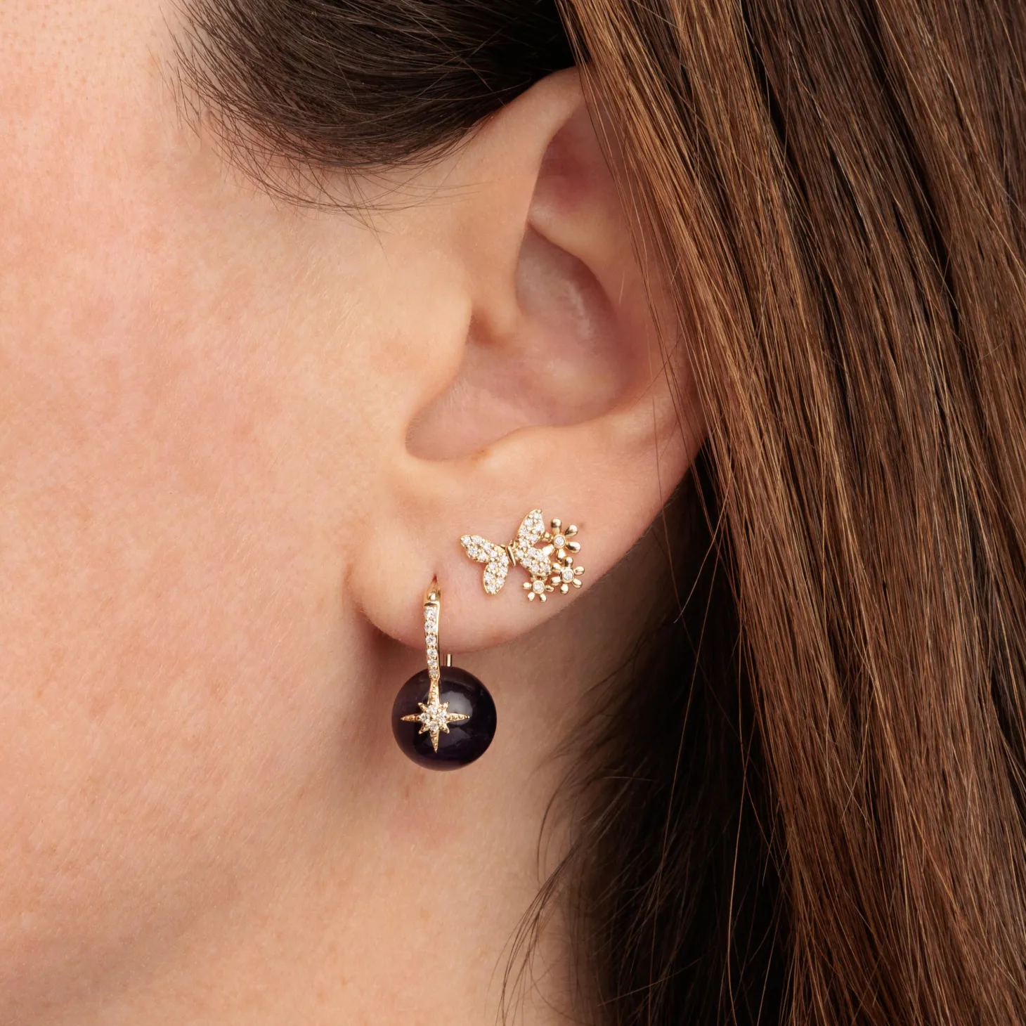 Gold & Diamond Daisy Butterfly Cluster Stud