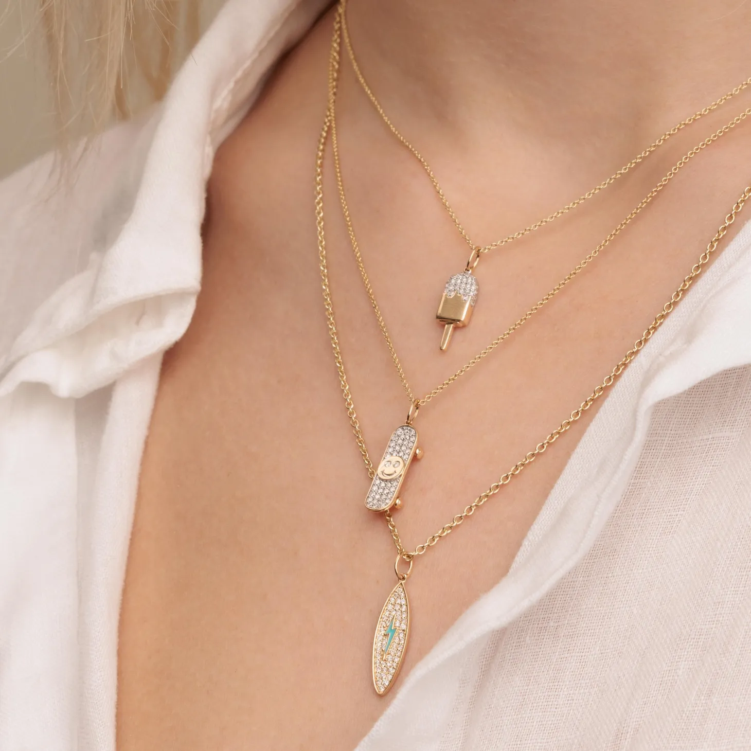 Gold & Diamond Enamel Surfboard Charm