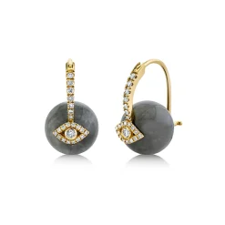 Gold & Diamond Eye Grey Cat's Eye Earrings