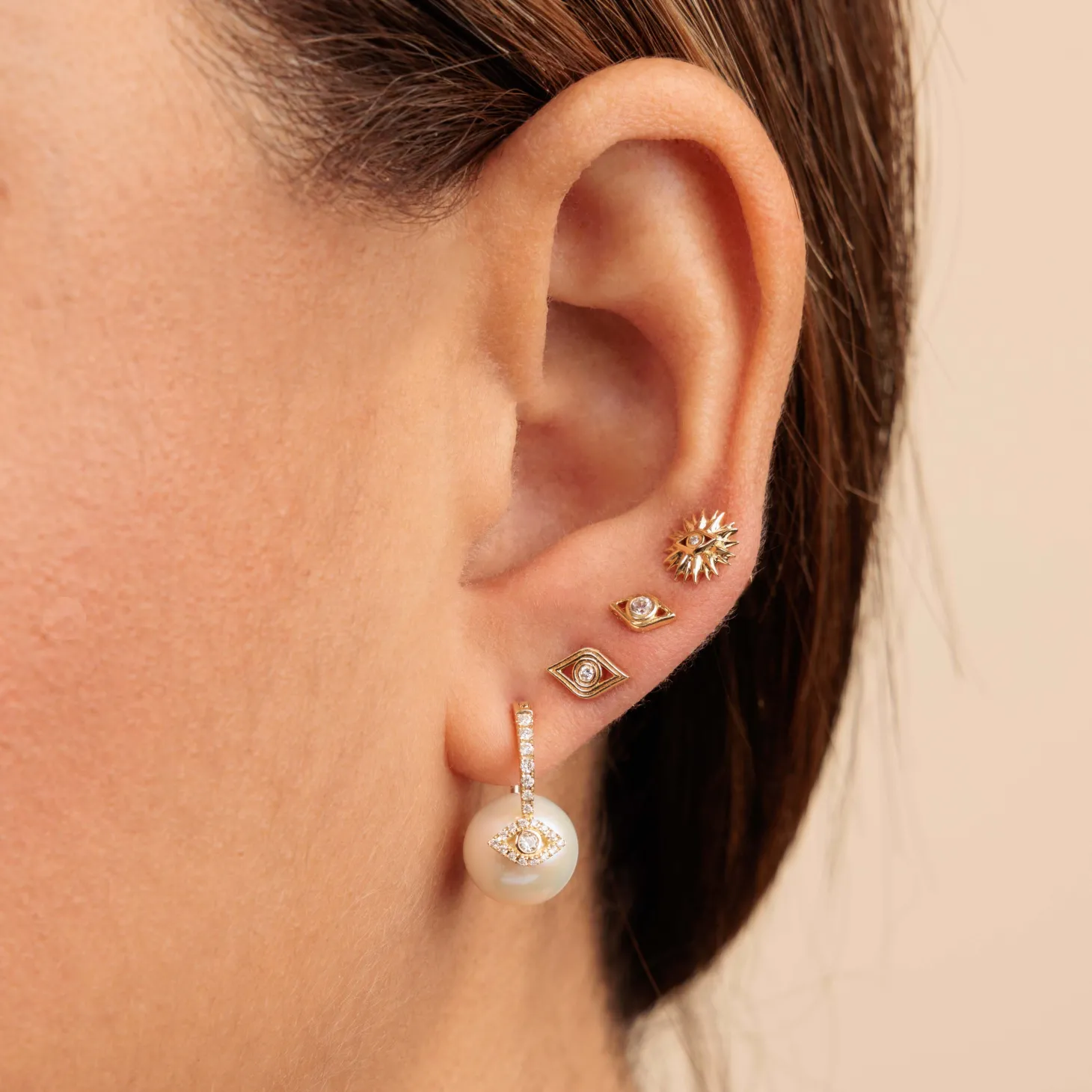 Gold & Diamond Eye Pearl Earrings