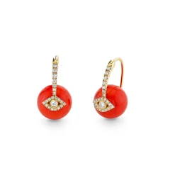 Gold & Diamond Eye Red Coral Earrings