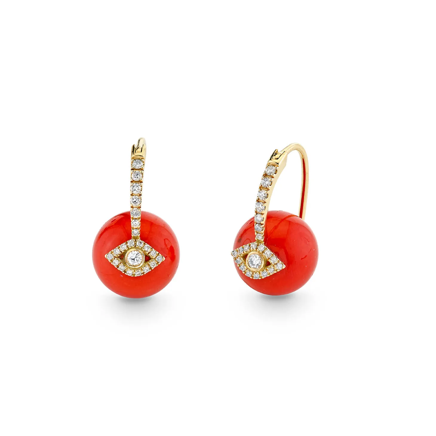 Gold & Diamond Eye Red Coral Earrings