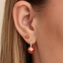 Gold & Diamond Eye Red Coral Earrings