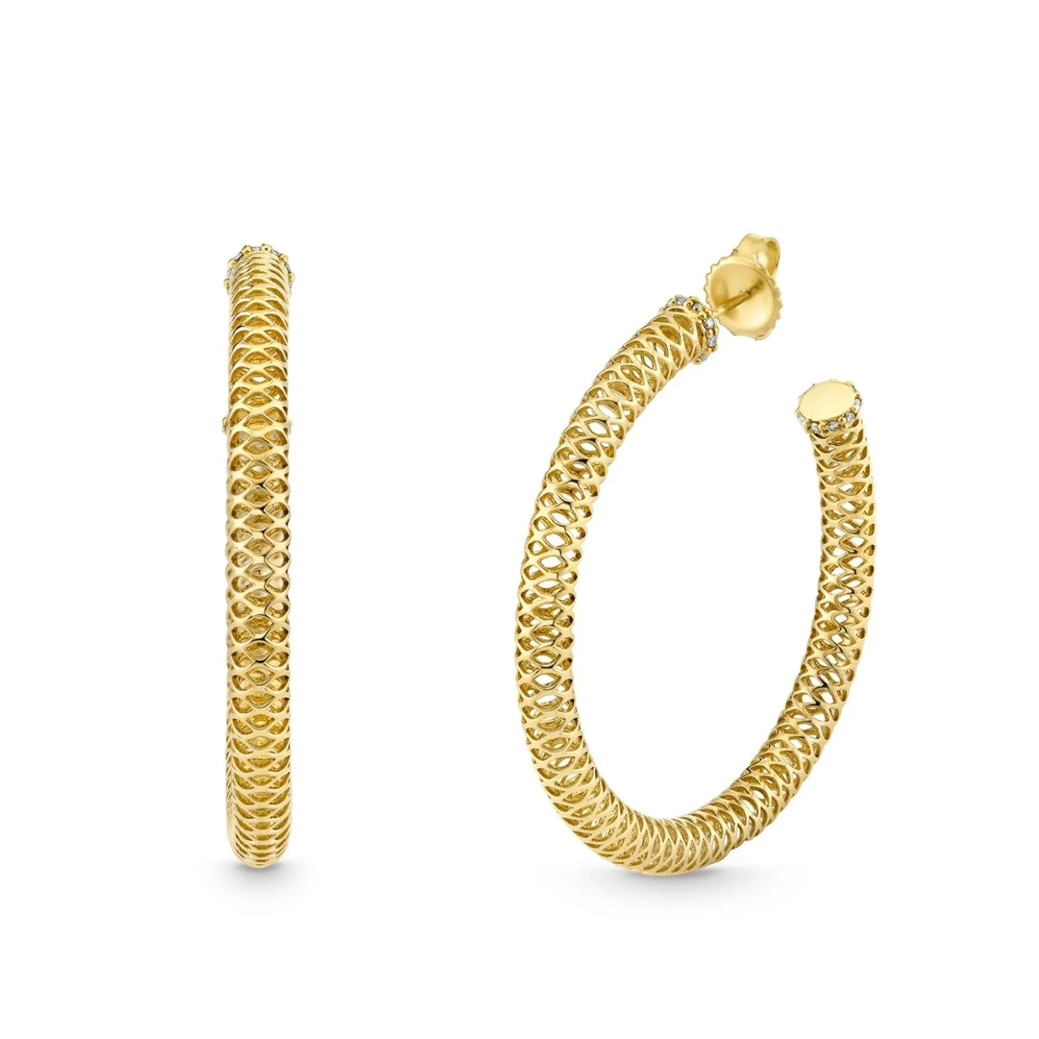 Gold & Diamond Fishnet Tube Large Hoops