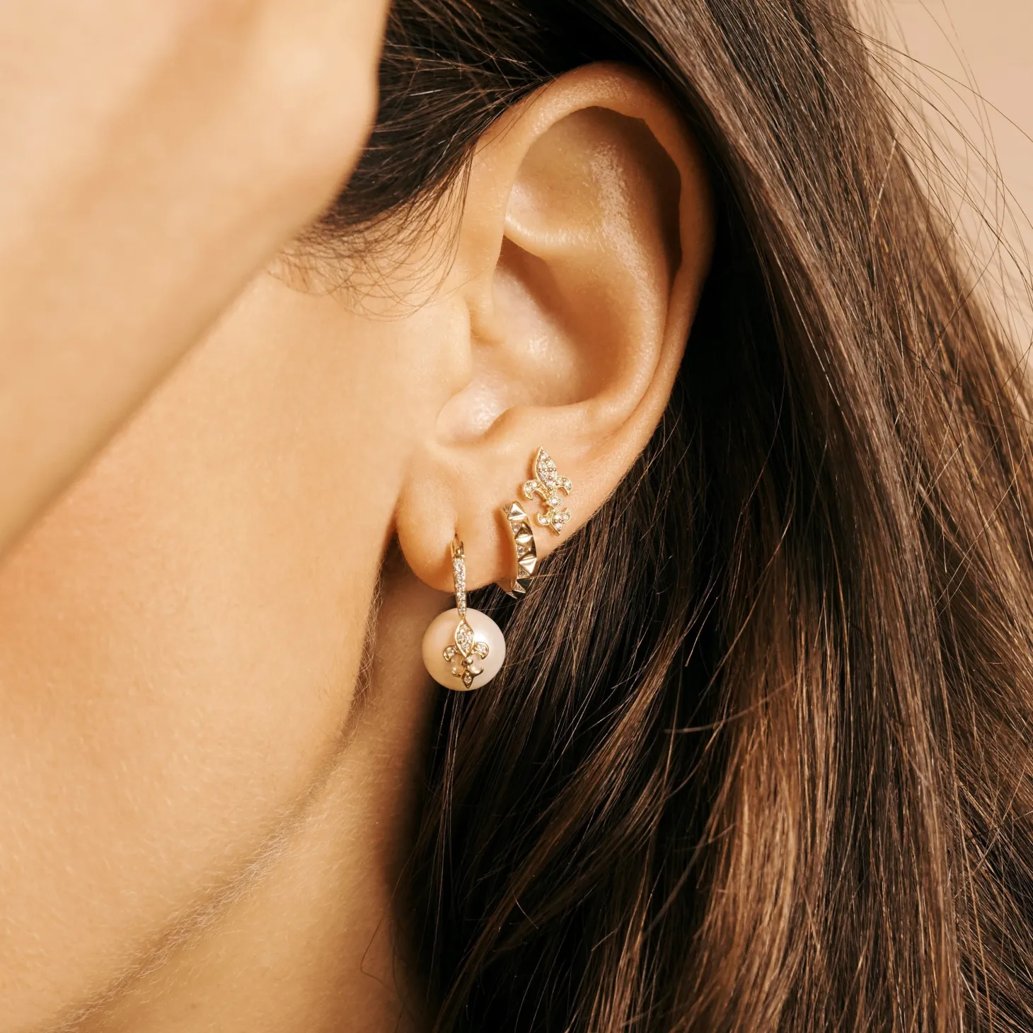 Gold & Diamond Fleur de Lis Pearl Earrings