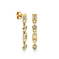 Gold & Diamond Fluted Baguette & Round Long Drop Earring