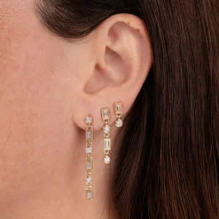 Gold & Diamond Fluted Baguette & Round Long Drop Earring