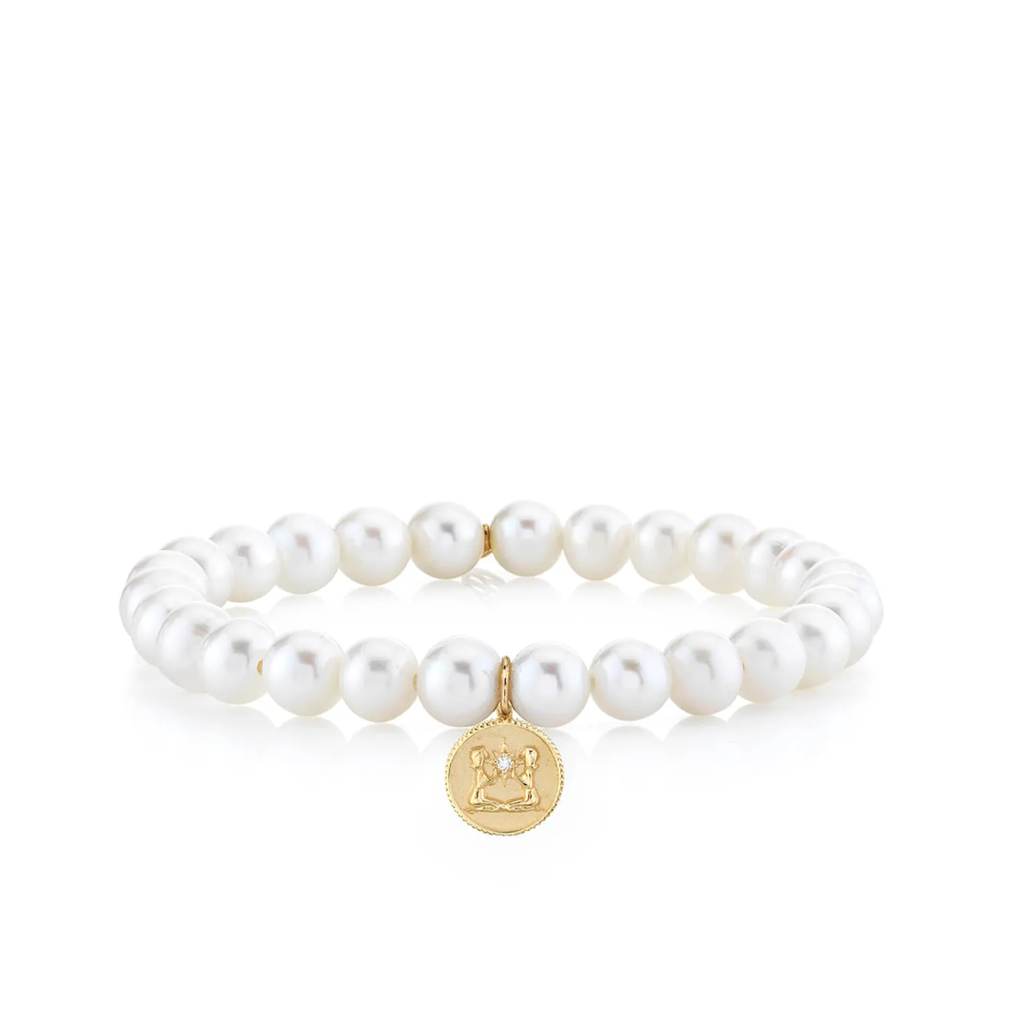 Gold & Diamond Gemini Zodiac Medallion on Pearls