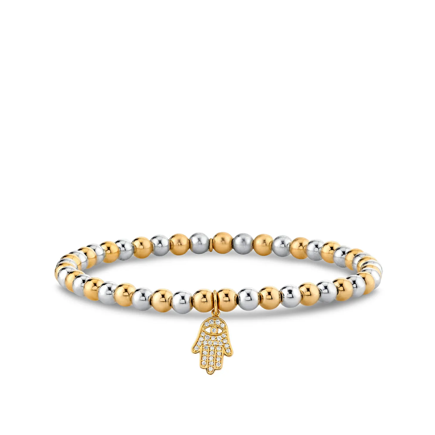 Gold & Diamond Hamsa on Two-Tone Gold Beads