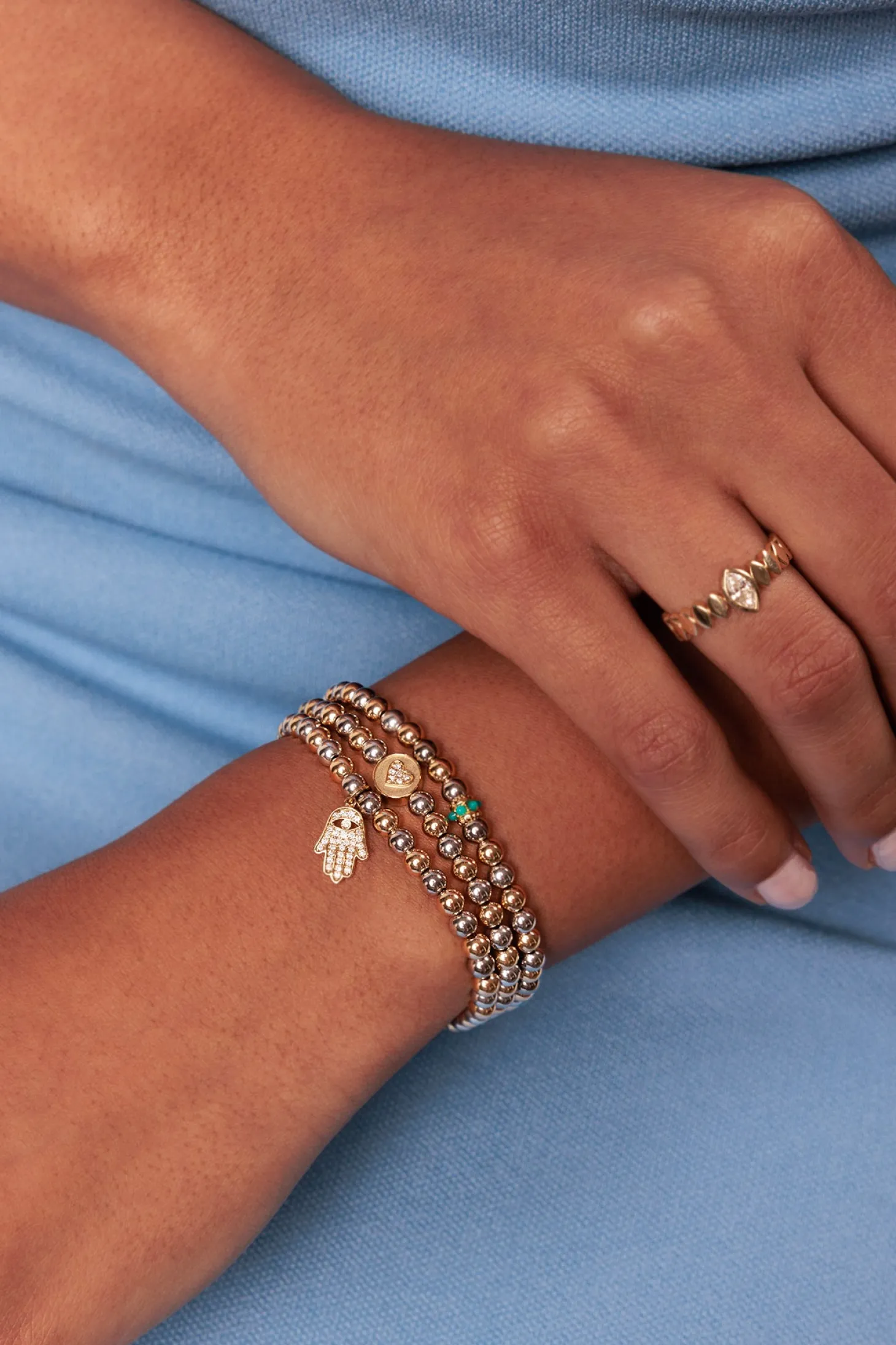 Gold & Diamond Hamsa on Two-Tone Gold Beads