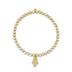 Gold & Diamond Hamsa on Two-Tone Gold Beads