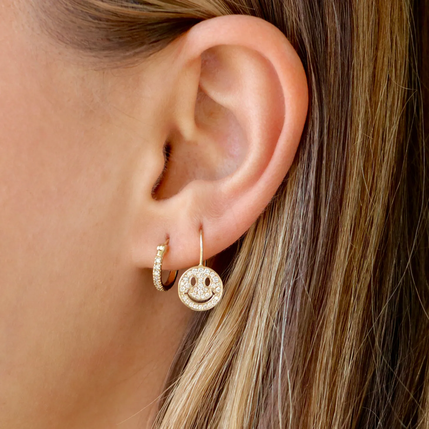 Gold & Diamond Happy Face French Wire Earrings