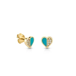 Gold & Diamond Heart With Stone Inlay Stud