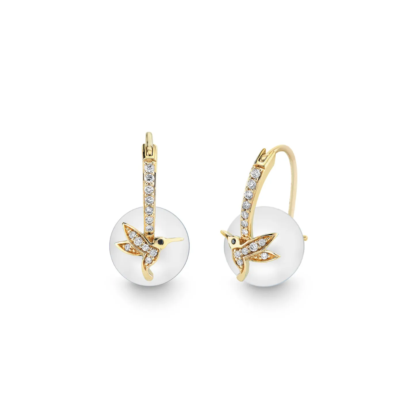 Gold & Diamond Hummingbird Pearl Earrings