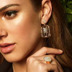 Gold & Diamond Large Albert Cage on Pave Disc Earrings