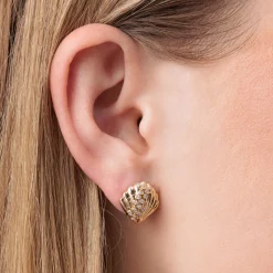 Gold & Diamond Large Clam Shell Stud