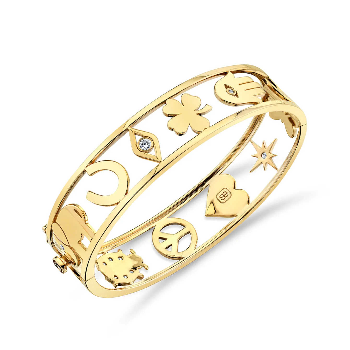 Gold & Diamond Large Open Icon Hinge Bangle