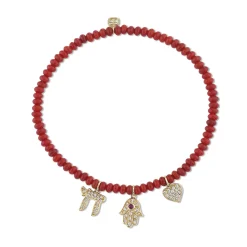 Gold & Diamond Love and Protection Multi-Charm on Red Bamboo