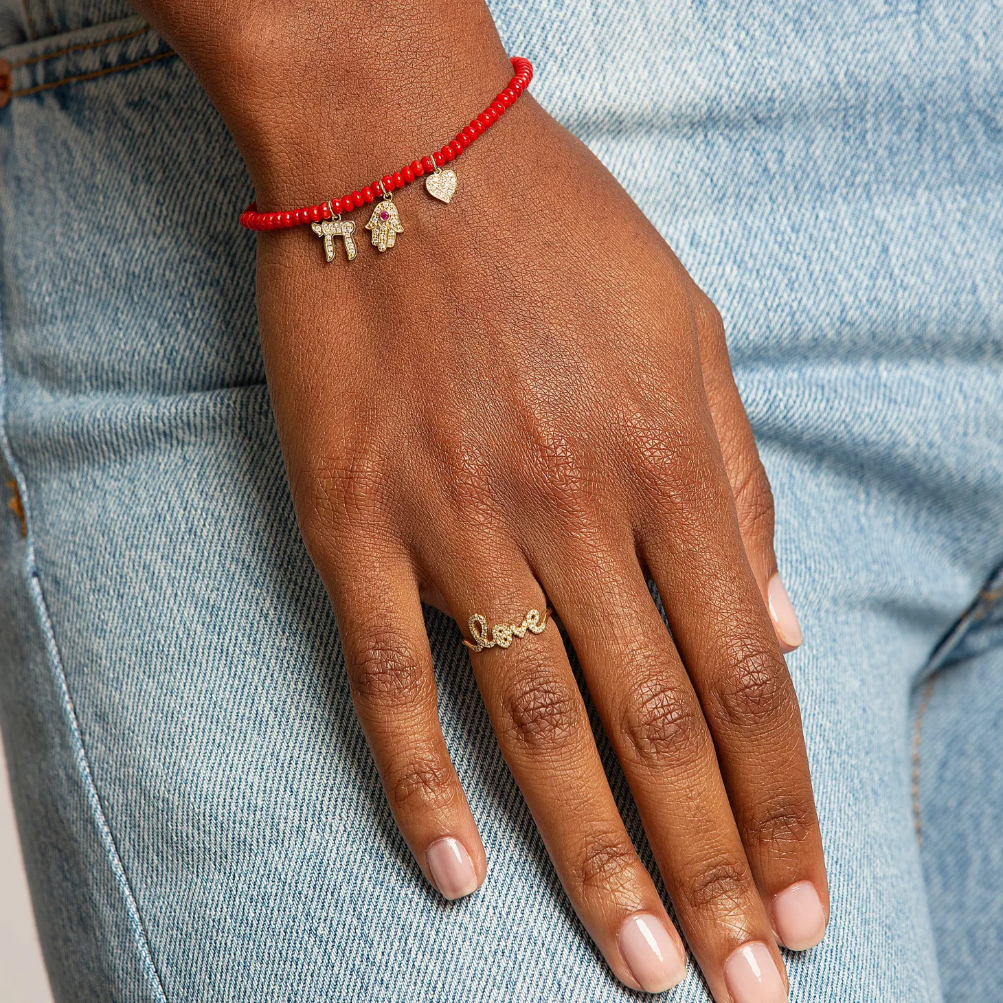 Gold & Diamond Love and Protection Multi-Charm on Red Bamboo