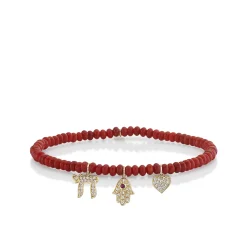 Gold & Diamond Love and Protection Multi-Charm on Red Bamboo