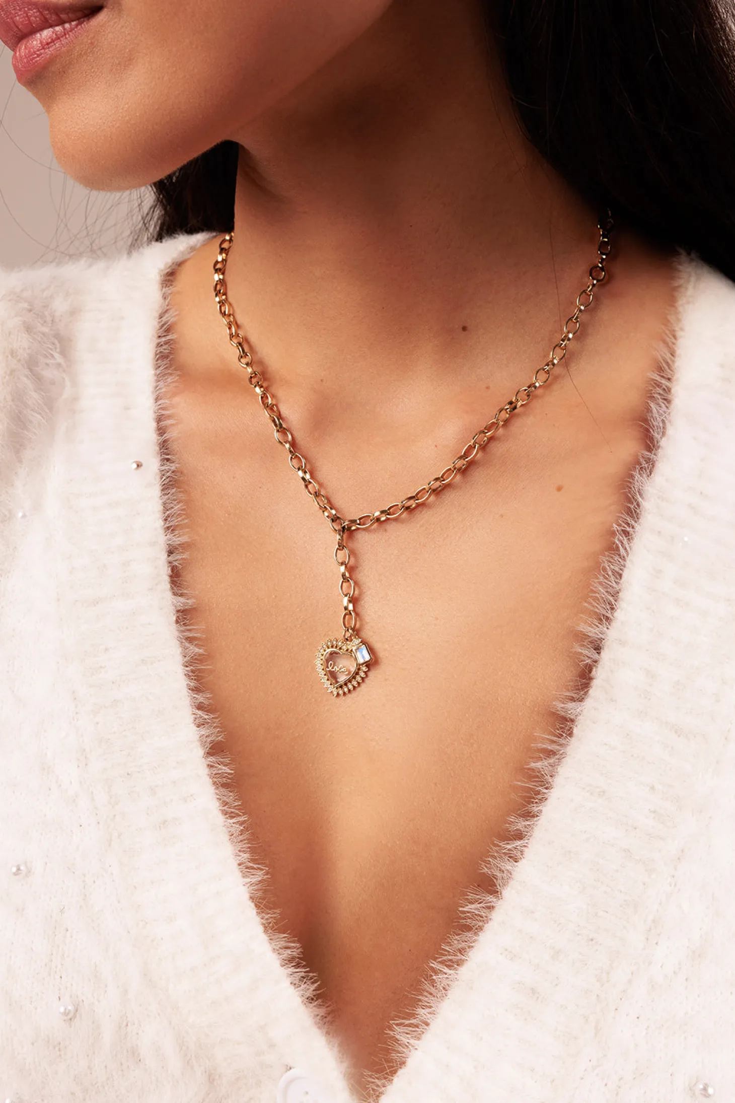 Gold & Diamond Love Quartz Marquise Eye Heart Necklace