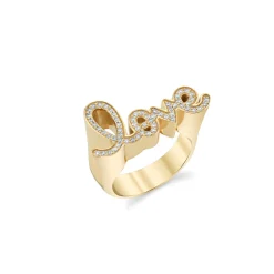 Gold & Diamond Love Script Block Signet Ring