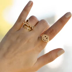 Gold & Diamond Love Script Block Signet Ring