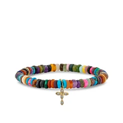 Gold & Diamond Marquise Eye Cross on Rainbow Heishi