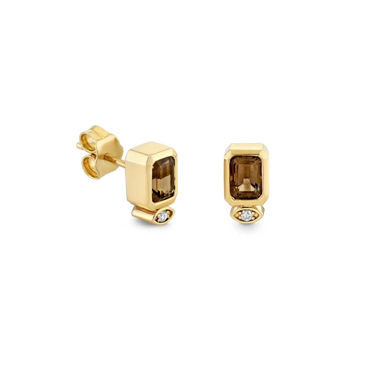 Gold & Diamond Marquise Eye Emerald Cut Quartz Stud