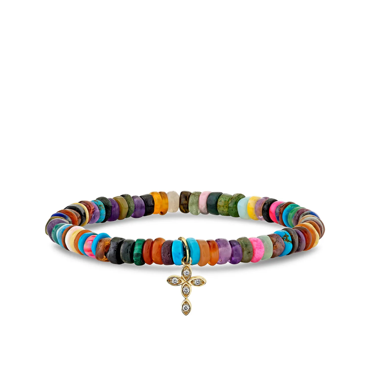 Gold & Diamond Marquise Eye Cross on Rainbow Heishi
