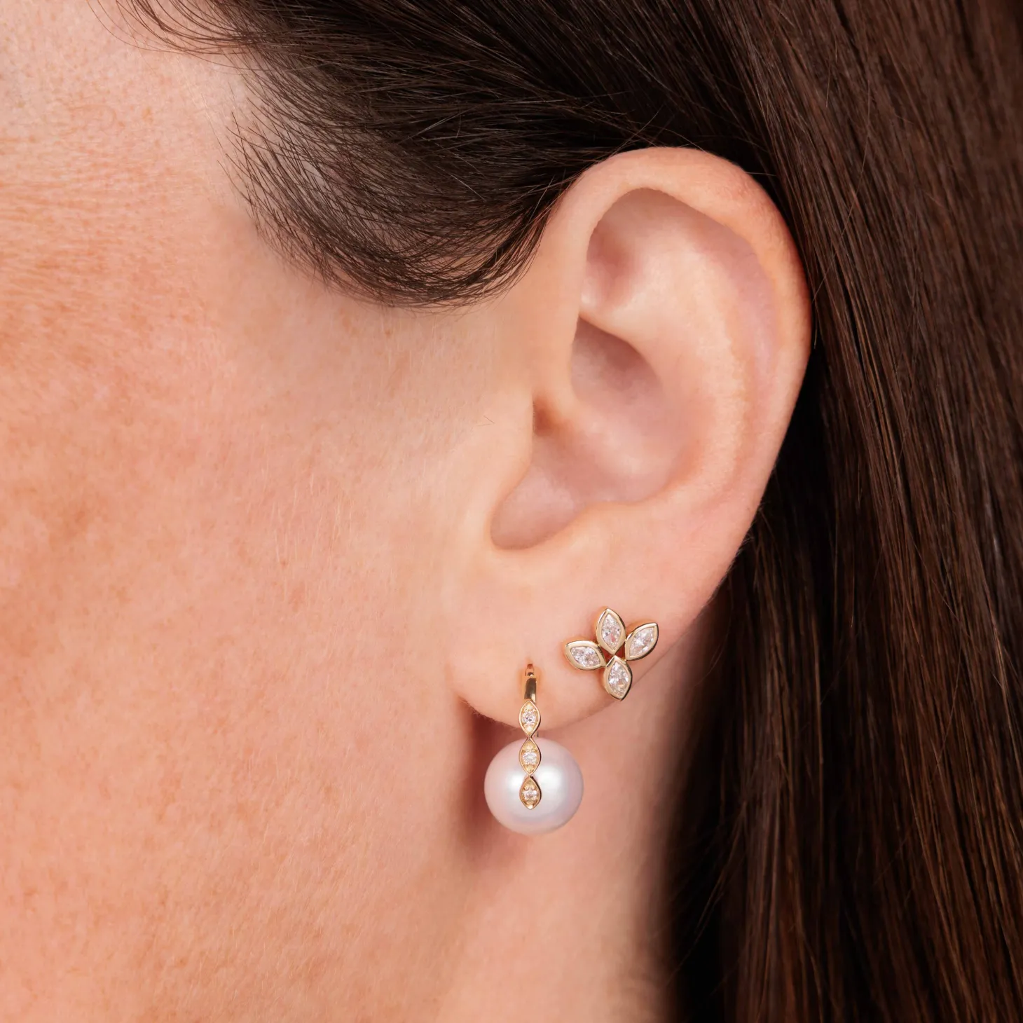 Gold & Diamond Marquise Eye Pearl Earrings