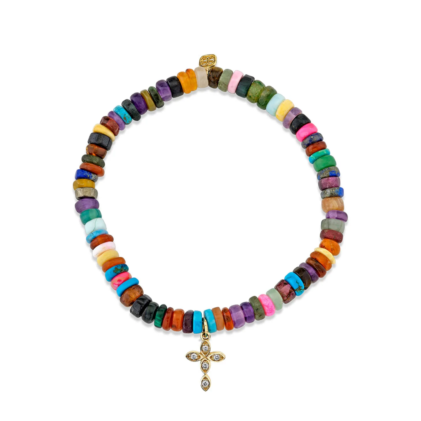 Gold & Diamond Marquise Eye Cross on Rainbow Heishi