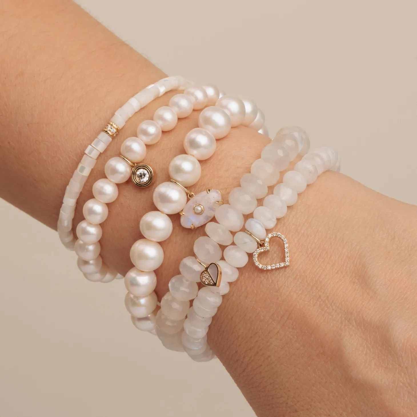 Gold & Diamond Mini Heart on White Moonstone