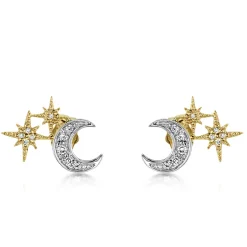 Gold & Diamond Moon and Starburst Stud