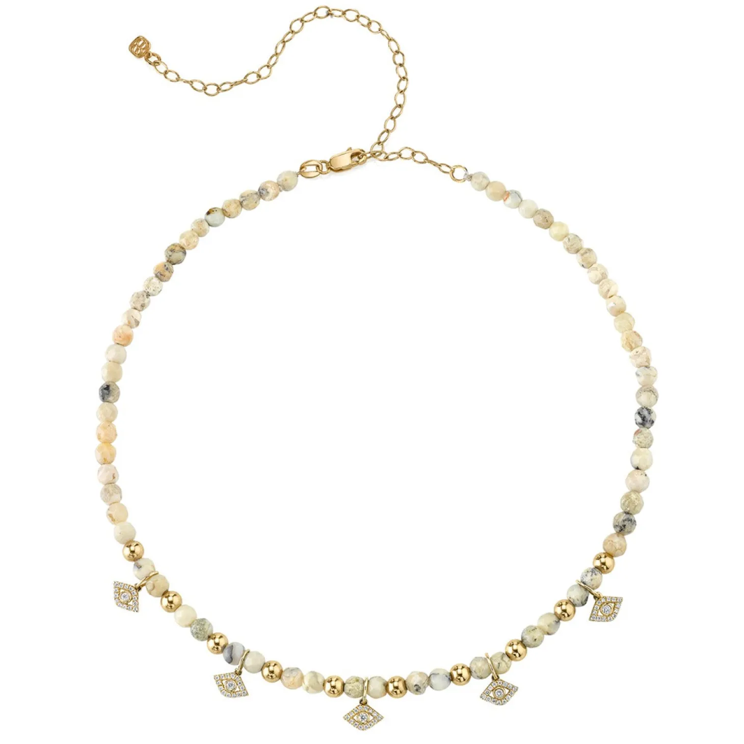 Gold & Diamond Multi Bezel Eye Charm Necklace on African Opal