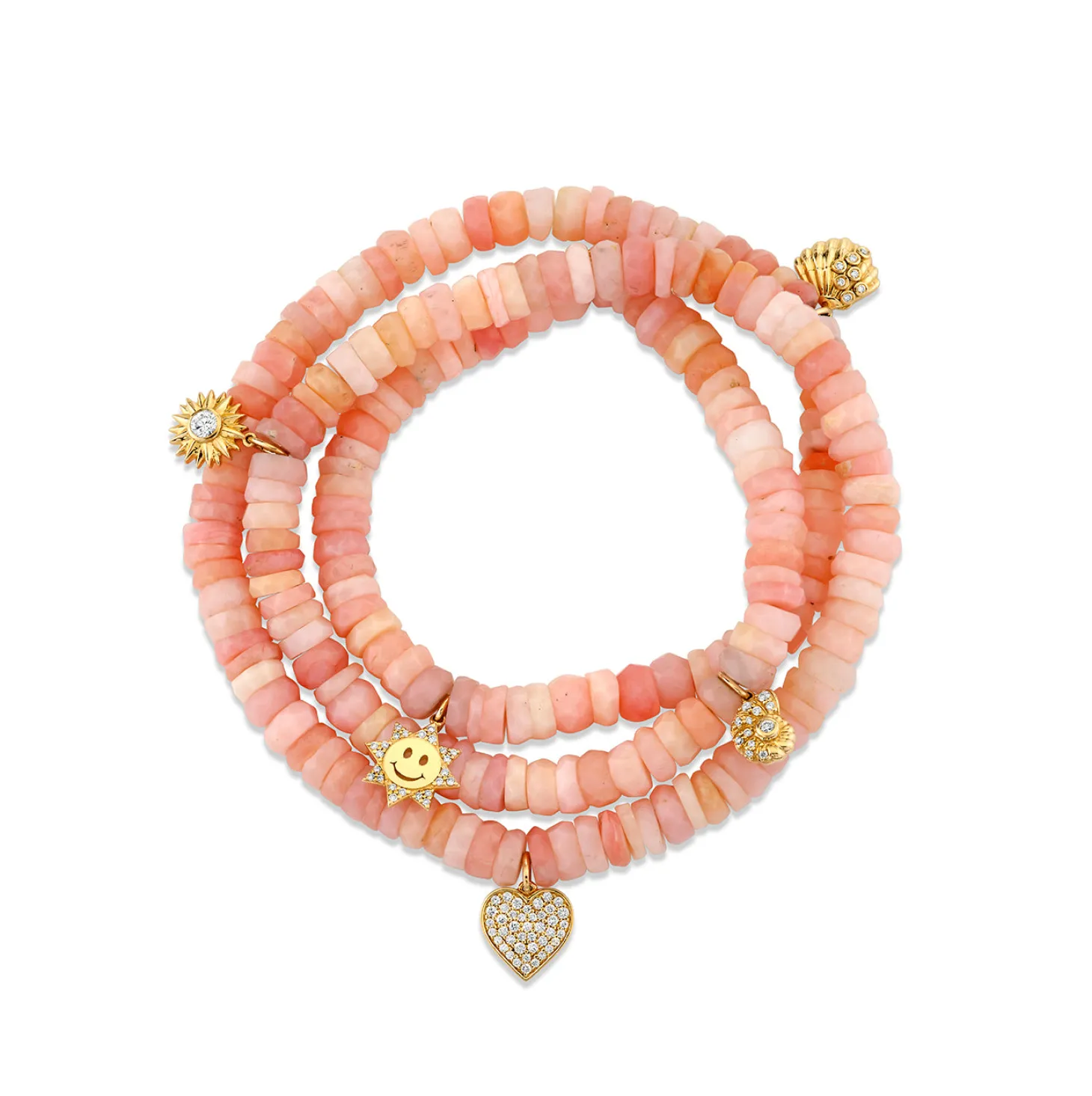 Gold & Diamond Multi-Charm Pink Opal Wrap Bracelet